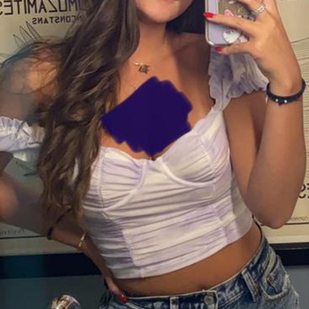 purple and white ruched top